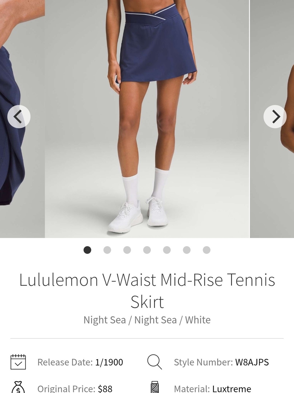 lululemon athletica V-Waist Mid-Rise Tennis Skirt — Night Sea/White